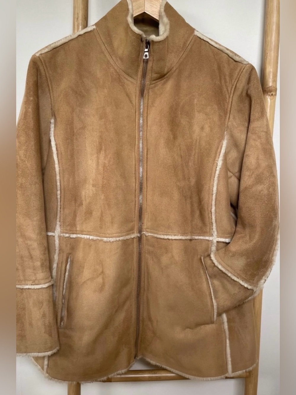 Tan Shearling-Style Zip Front Jacket